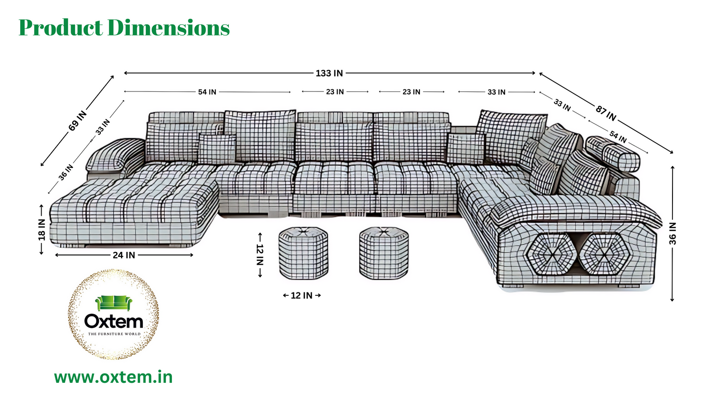 Oxtem U Shape 9 Seater Sectional Fabric Sofa Set With Tea Table & 4 Puffy 2 + 2 + 2 + 1 + 1 + (Black) 1 (Pre-Assembled)