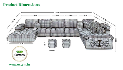 Oxtem U Shape 9 Seater Sectional Fabric Sofa Set With Tea Table & 4 Puffy 2 + 2 + 2 + 1 + 1 + 1 (Pre-Assembled)