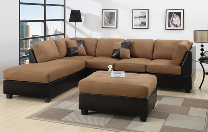 Oxtem L Shape 7 Seater Fabric Sofa Set with 1 Foot Rest 3 + 2 + 2 (Brown), Pre-Assembled