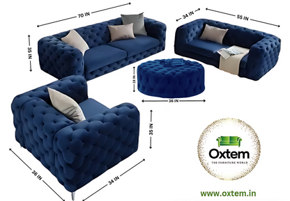 Oxtem 6 Seater Chesterfield Fabric Sofa Set with 1 Tea Table 3 + 2 + 1 ,Pre-Assembled