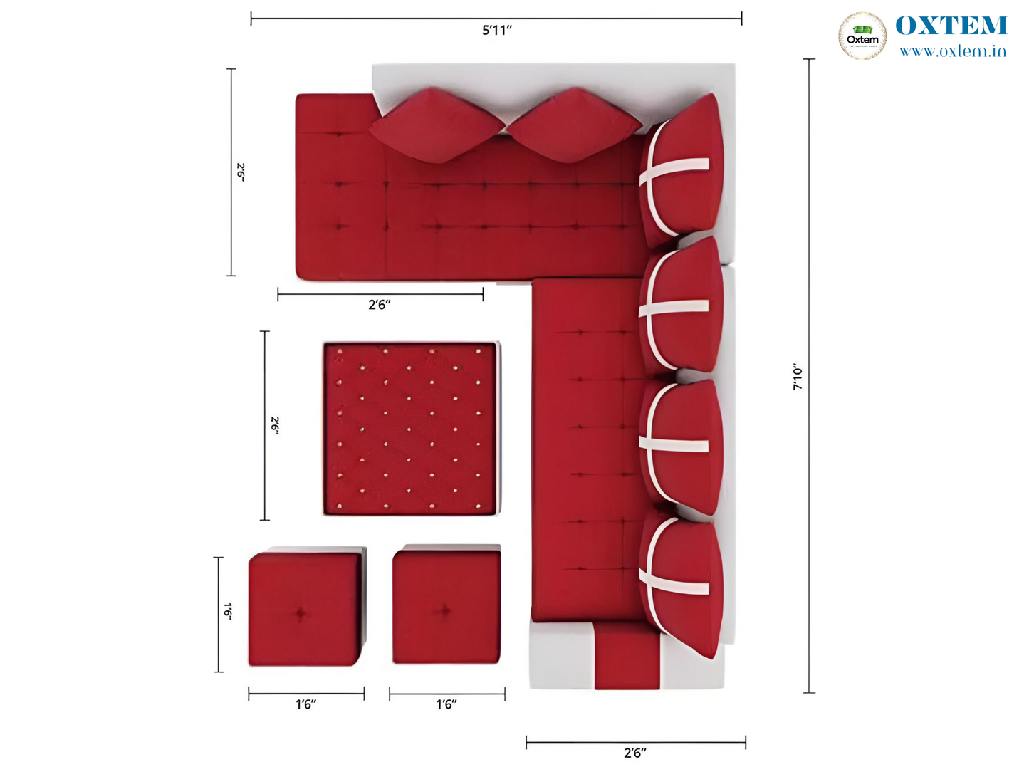 Oxtem L Shape 6 Seater Sectional Fabric Sofa Set With Tea Table & 2 Puffy 3 + 3 (Pre-Assembled)
