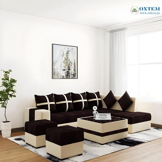 Oxtem L Shape 6 Seater Sectional Fabric Sofa Set With Tea Table & 2 Puffy 3 + 3 (Pre-Assembled)