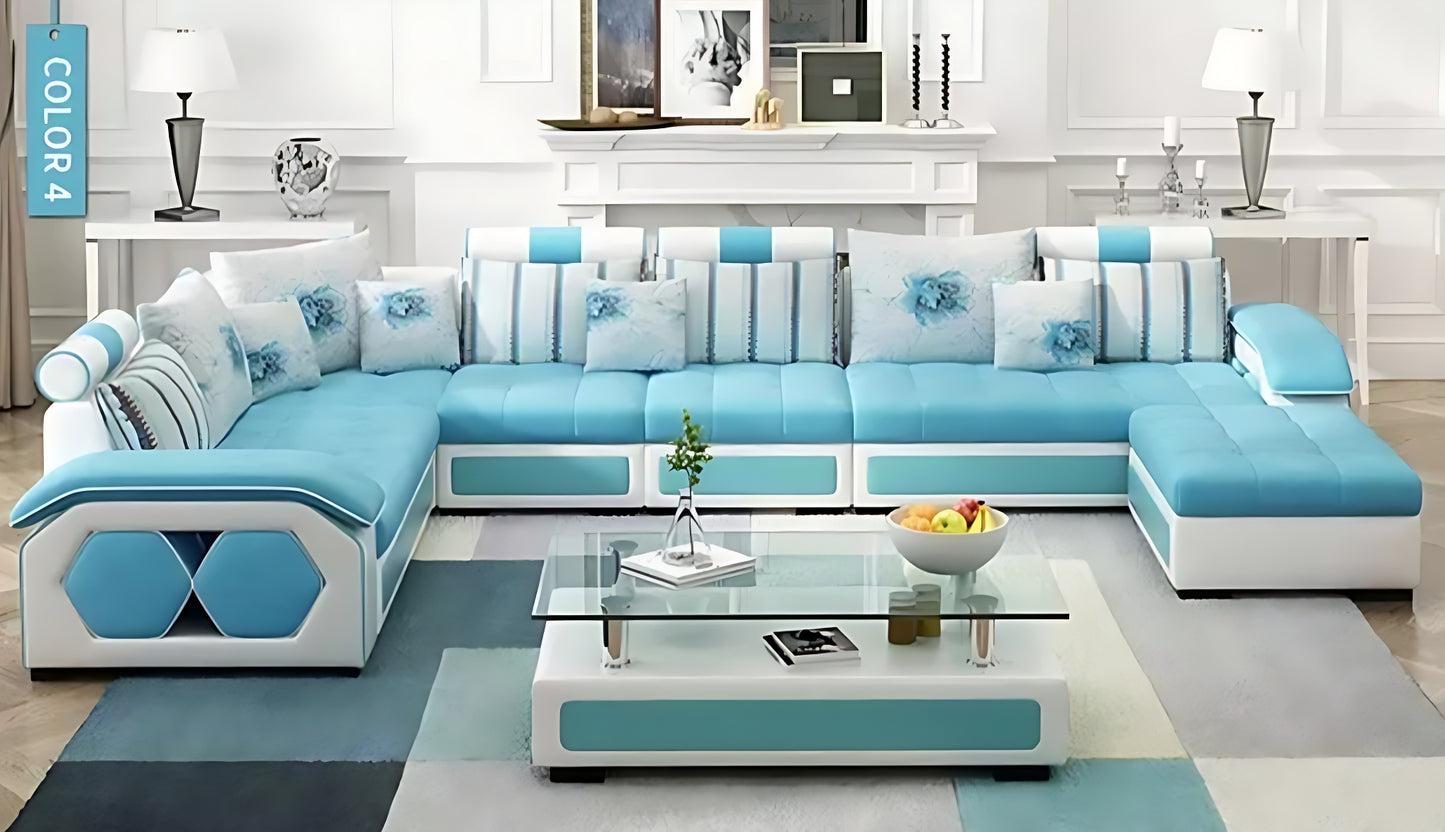 Oxtem U Shape 9 Seater Fabric Sofa Set With Tea Table & 4 Puffy 2 + 2 + 2 + 1 + 1 + 1 ,Pre-Assembled)
