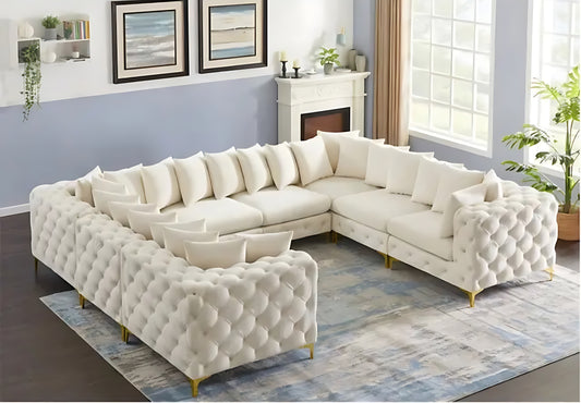 Oxtem U Shape 10 Seater Chesterfield sectional Fabric Sofa Set 2+2+1+1+1+1+1+1 Pre-Assembled
