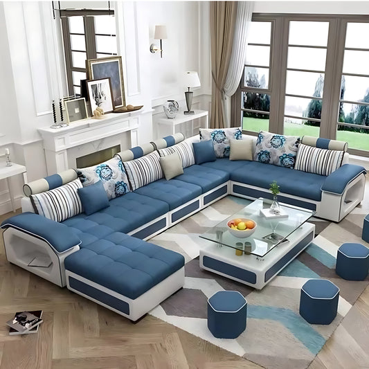 Oxtem U Shape 9 Seater Fabric Sofa Set With Tea Table & 4 Puffy 2 + 2 + 2 + 1 + 1 + 1 ,Pre-Assembled)