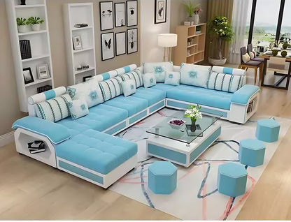 Oxtem U Shape 9 Seater Sectional Fabric Sofa Set With Tea Table & 4 Puffy 2 + 2 + 2 + 1 + 1 + 1 (Pre-Assembled)