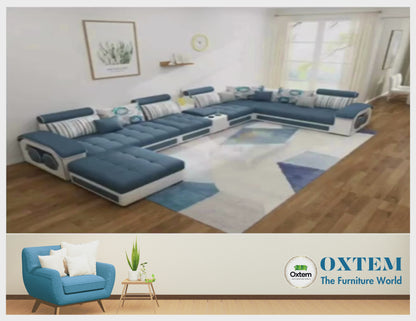 Oxtem U Shape 9 Seater Sectional Fabric Sofa Set With Tea Table & 4 Puffy 2 + 2 + 2 + 1 + 1 +1 (Pre-Assembled)